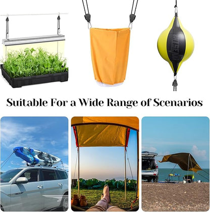 CONBOLA Suction Cups Hooks with 1/8" Adjustable Grow Light Hangers 13 ft with Reinforced Metal,Heavy Duty Ratcheting Pulley System for Camping Gardening and Various Tie-Down Uses.(4-Pack Set)