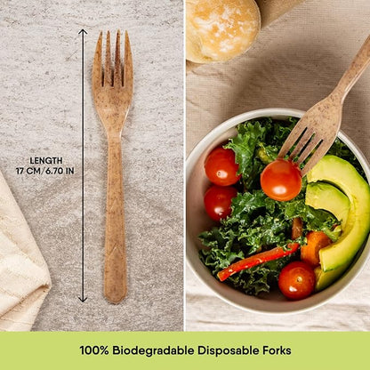 Premium Quality100% Biodegradable Forks Made of Vegetable Fibers, 100 PCS of 6.7” Long Heavy-Duty and Splinter Free Eco-Friendly Forks, Perfect Sustainable Cutlery for All Types of Occasions