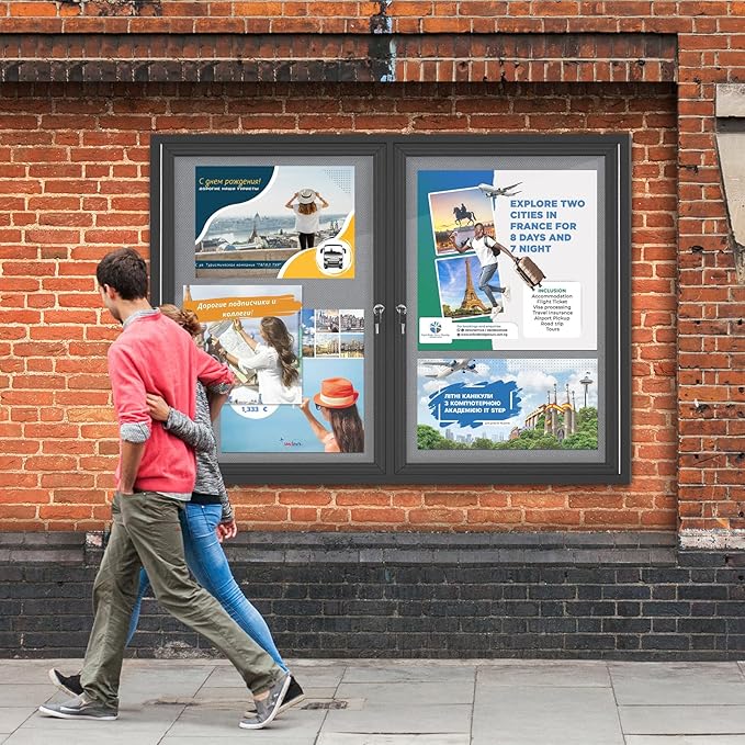 Enclosed Bulletin Board Lockable, Double-Door Weatherproof Outdoor Noticeboard