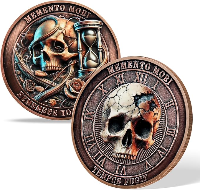 AtSKnSK Memento Mori Coin Momento Mori Coin Skull Coin Stoic Gifts Memento Mori Calendar Living Memento Mori Amor Fati Coin (Time Disc Skeleton)