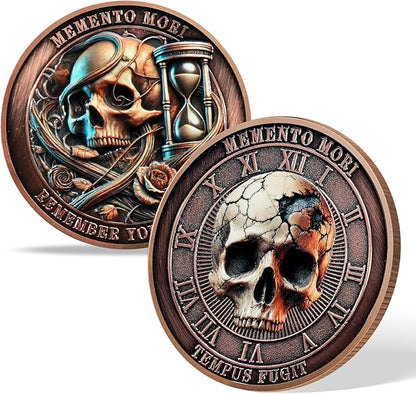 AtSKnSK Memento Mori Coin Momento Mori Coin Skull Coin Stoic Gifts Memento Mori Calendar Living Memento Mori Amor Fati Coin (Time Disc Skeleton)