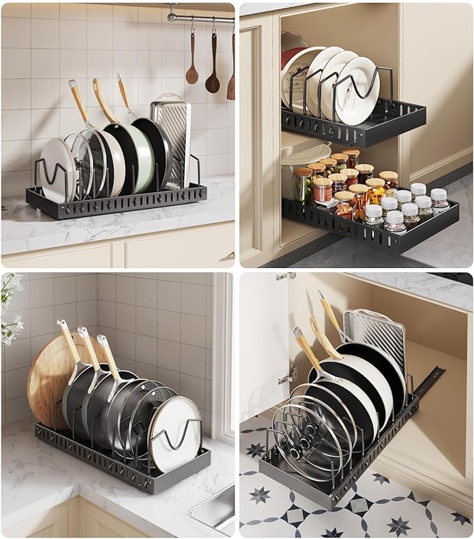Lozovin Pull Out Pots and Pans Organizer Under Cabinet, Sliding Lid Holder and
