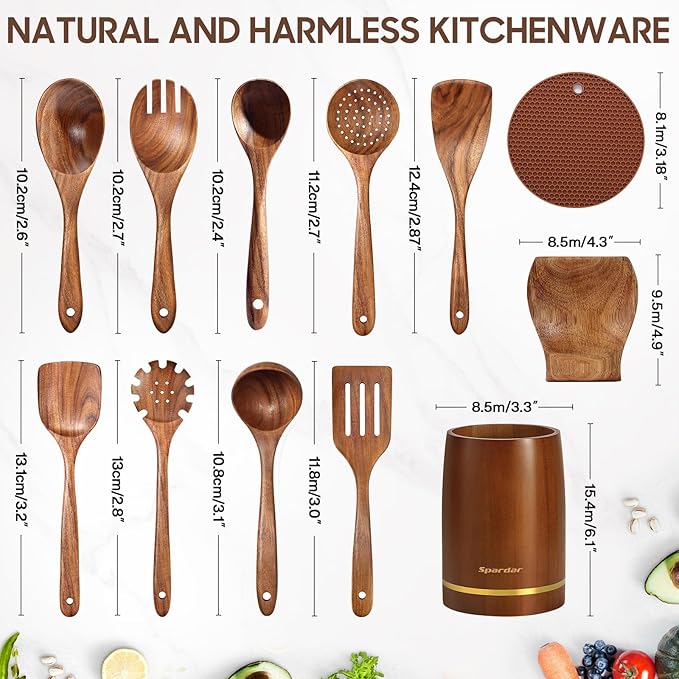 Spardar Wooden Kitchen Utensils, 12 Piece Set Wooden Spoon Set