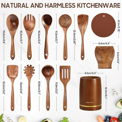 Spardar Wooden Kitchen Utensils, 12 Piece Set Wooden Spoon Set