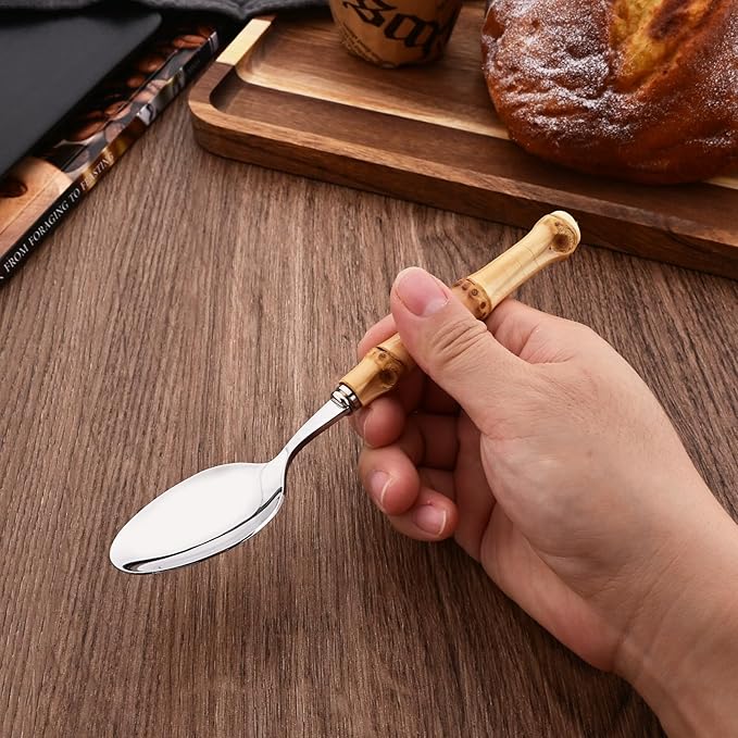 Dessert Spoon Set with Bamboo Handle, 8-Piece Stainless Steel Shiny Silver Dessert Spoon, Natural Bamboo Cutlery, Creative Design Small Spoons for Home Restaurant, 6.65 inch, Handcrafted