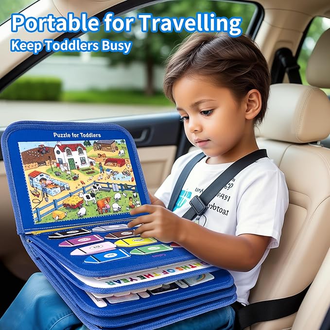 12-Page Toddler Busy Board Montessori Toys, Busy Book for Toddlers, Boy Girl Birthday Gift,Toddler, 24 in 1 Activity Sensory Toys for Motor Skills, Travel Toy for Car Airplane (Blue)