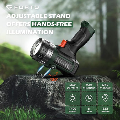 FORTO Compact Rechargeable Spotlight with Adjustable Focus, Handheld Spot Light with Stand, 823m Range, 3 Light Modes and LED Spot Lights Outdoor for Boating Hunting Camping Hiking