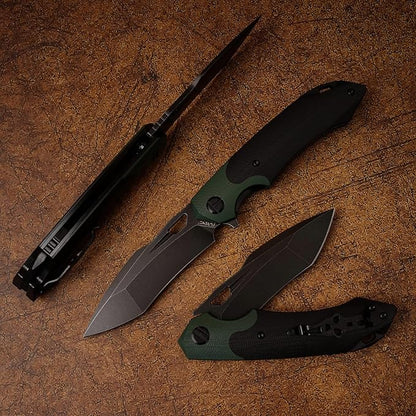D2 Steel Folding Knife - 9CM Black Tactical Blade, G10 Handle, Pocket Clip - EDC Camping, Survival, Hunting - 60-61HRC, Vacuum Heat Treated, Stonewash Finish