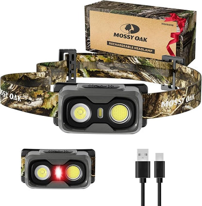 Mossy Oak 600 Lumens Rechargeable Headlamp, Lightweight LED Headlight with White & Red Light, Waterproof Head Lamp with Non-Slip Band, Dimmable & Memory Function for Camping, Running, Hiking, Outdoors