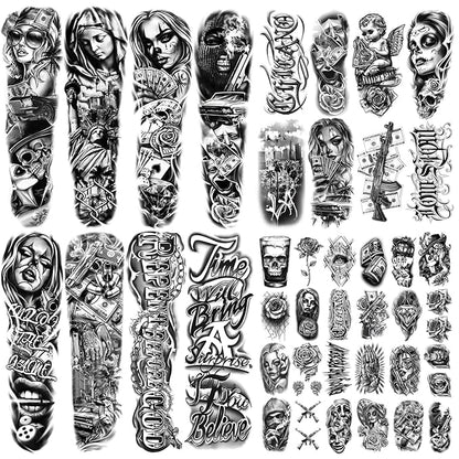 46 Large Chicano Temporary Tattoo for Men Women, Full Arm Day of the Dead Gangster Prisoner Fake Tattoos Mexico Cholas Lowriders Clown Tattoos, Tiny Cosplay Body Tattoos Stickers Realistic Adult Kid