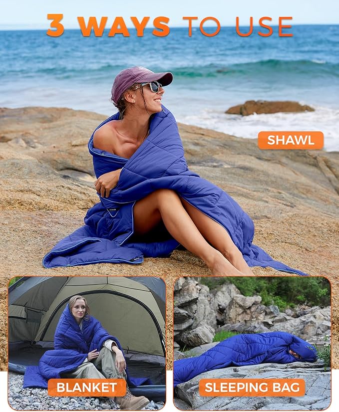 KingCamp Ultralight Camping Blanket, Packable Down Alternative Puffy Wearable Blankets Weatherproof Warm Package Quilt with Snap Buttons for Outdoor Hiking Travel Picnic Stadium (69" L x 53" W, Navy)