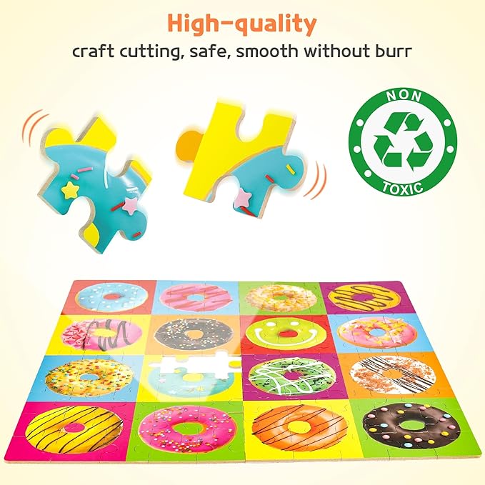 SYNARRY 100 Piece Wooden Puzzles for Kids Ages 4-8, Donuts Jigsaw Puzzle for Kids Ages 4-6 8-10 Teens, Preschool Educational Puzzles for 4 5 6 7 8 9 Years Old Boys Girls Children, Beautiful Toys Gifts