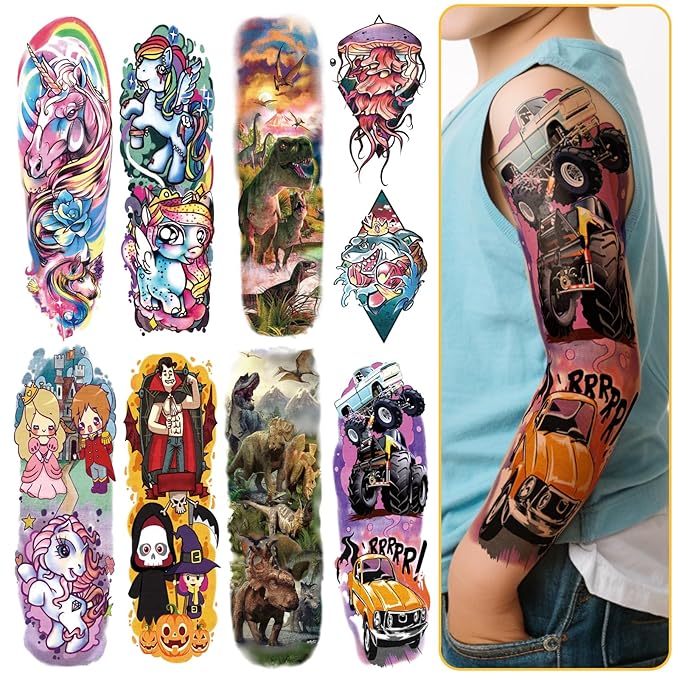 52 PCS Temporary Tattoos for Kids Full Arm Sleeve Fake Tattoos, Dinosaur Monster Car Planet Spider Shark Sticker for Boy, Princess Castle Dolphins Temporary Tattoos for Girl