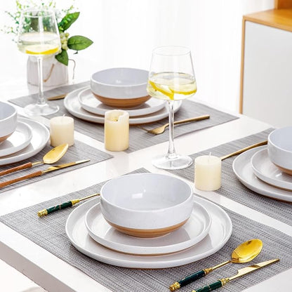 AmorArc Ceramic Dinnerware Sets for 4, 12 Pieces Handpainted Plates and Bowls Set with Rustic Terracotta Underside, Scratch Resistant Stoneware Dishes Set, Dishwasher & Microwave Safe, White