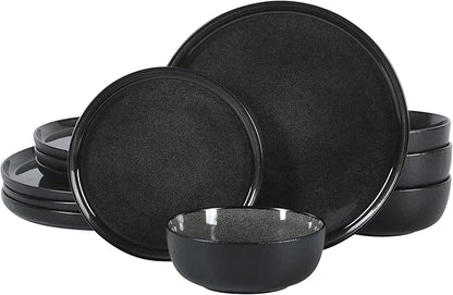 Gibson Elite Tahoe Sunset 12 Piece Stoneware Reactive Glaze (Service for 4) Ceramic Plates and Bowls Dinnerware Set - Black