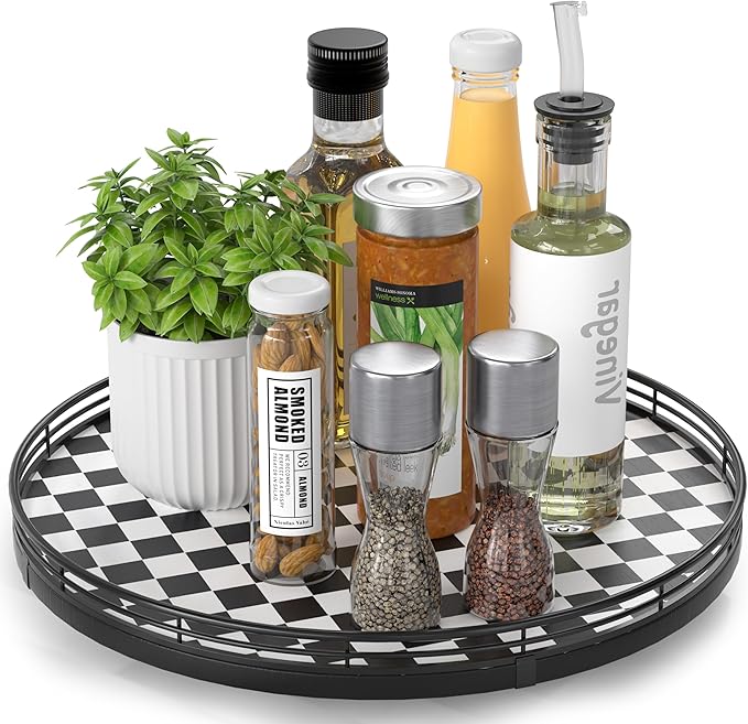 Black and White Kitchen Lazy Susan Turntable – Checkered Round Decorative Tray