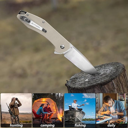 FLISSA Pocket Knife, Folding Tactical Knife with G10 Handle, D2 Blade, Liner Lock, Pocket Clip, EDC Knife for Hiking, Camping, Survival, Indoor and Outdoor Activities(Brown)