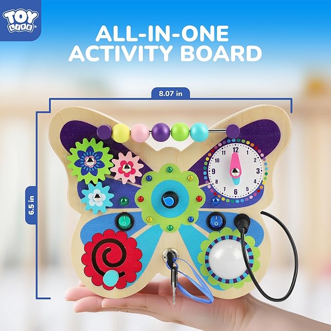 TOY Life Montessori Busy Board, Wooden Butterfly Sensory Board Toys for Toddlers with LED Light Up Switchs, Baby Fidget Boards Travel Toys, Christmas Birthday Gifts for 1+ Year Old Girls Boys