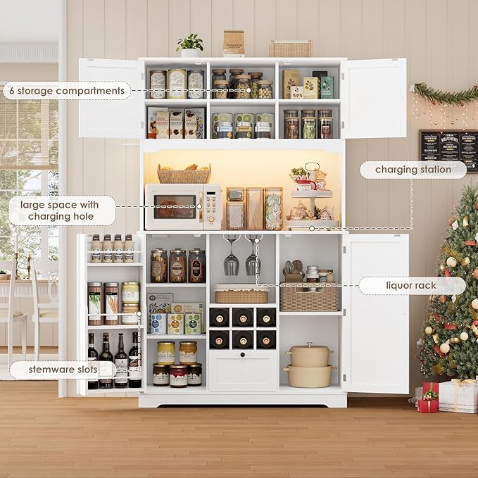 FINETONES 71" Pantry Cabinet with 7-Color LED Light and Charging Station, Kitchen Pantry Cabinet with Microwave Stand, Kitchen Hutch Food Storage Cabinet with Outlet and Wine Racks, White