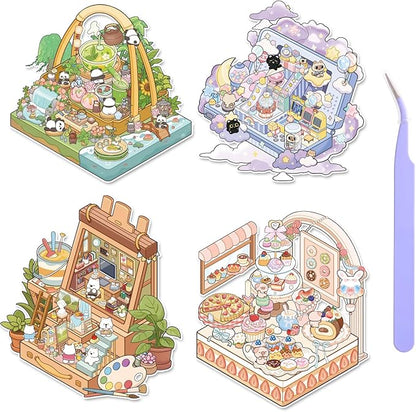 Girls 3D Miniature Scene Stickers, 4 Sets Storage Box DIY House Stickers for Dessert House,Tea Room,Painting Studio,Game Park,Cute 3D Cartoon Sticker Scenes for Adult Kids Relief Stress Pass The Time