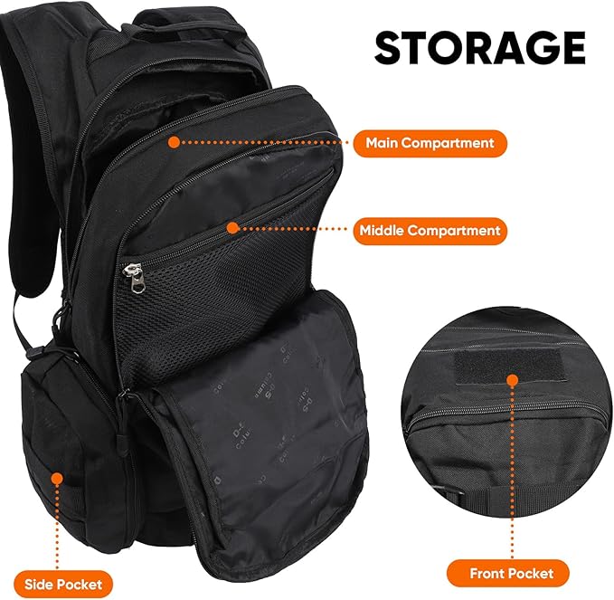 35L Tactical Backpack for Men, MOLLE Military Bug Out Bag, Waterproof Rucksack for Hiking with Hydration Port Black