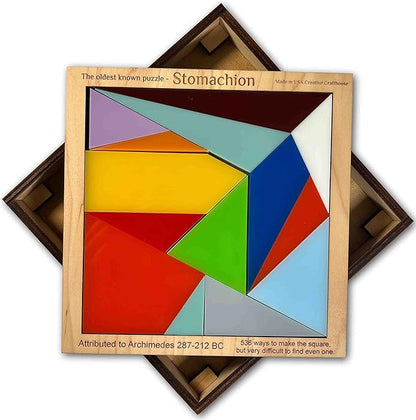 Stomachion Puzzle by Creative Crafthouse – 14 Piece Classic Brain Teaser for Teens and Adults with 536 Different Solutions - Handmade Puzzle Featuring Multi Colored Acrylic Puzzle Pieces