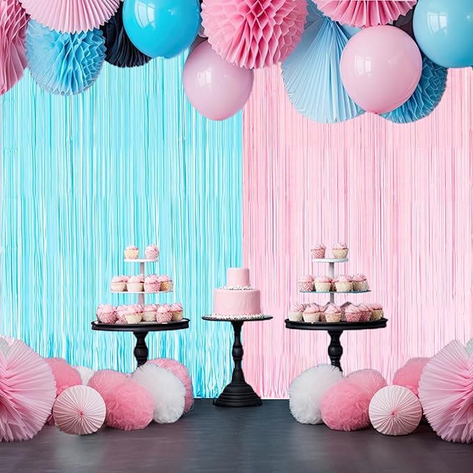 BRAVESHINE Tinsel Photo Backdrop Curtains - 2 Pack 3.2x8.2ft Pastel Pink Blue Foil Fringe Streamer Curtain for Boy or Girl Birthdays Sweet Donuts Easter Party Decorations