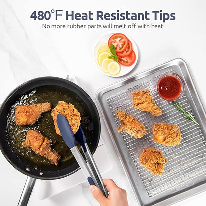 Heat Resistant Silicone Kitchen Tong: U-Taste 12 inch Large 480ºF Hot Proof Cooking Tong with Sturdy Non Stick Rubber Tips & Silicon Coated Steel Handle & Smooth Locking for Serving (Midnight Blue)