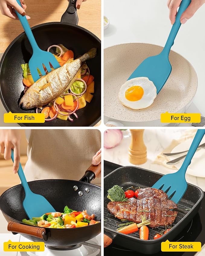 Pack of 2 Silicone Spatula Turners, Non Stick Slotted Kitchen Spatula Set, Heat Resistant BPA Free Kitchen Utensils, One-Piece Design, Suitable for Flipping Fish, Eggs, Steak, Pancakes(BLUE)