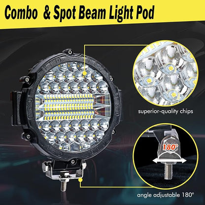 7 Inch Round LED Light Bar Offroad, 201W 15000LM Off Road Driving Work Light Pod, Tractor ATV UTV Cart 4x4 LED Off-Roading Light Pod Fog Trucks Flood Beam Lights (201W 4PC-Black with Wiring)