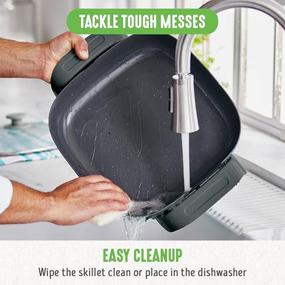 GreenLife 12" 5QT Square Electric Skillet, Glass Vented Lid, Ceramic PFAS-Free