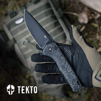 F3 Charlie Button Lock Folding Knife, Oversized Fine Edge Blade, Tactical Forged Carbon G10 Handle - Easy Open Pocket Knife with Titanium Coated D2 Steel & Black Titanium Barrel Spacers