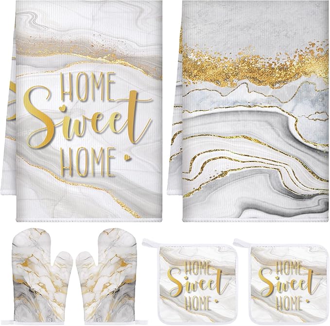 Bencailor 6 Pcs Marble Kitchen Decor Gold Pot Holders Oven Mitts 2 Dish Towels