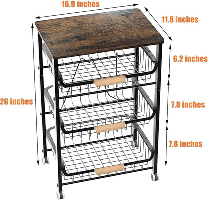 4-Layer Fruit Basket Kitchen Food Organizer and Rack, Stackable Storage Cart with Desktop, Pull-Out Hollow Metal Basket, Sliding Out Storage (Black 4-Layer Rack)