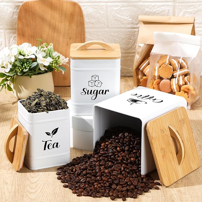 Maxdot 3 Set Coffee Sugar Tea Containers, Square Airtight Kitchen Canisters