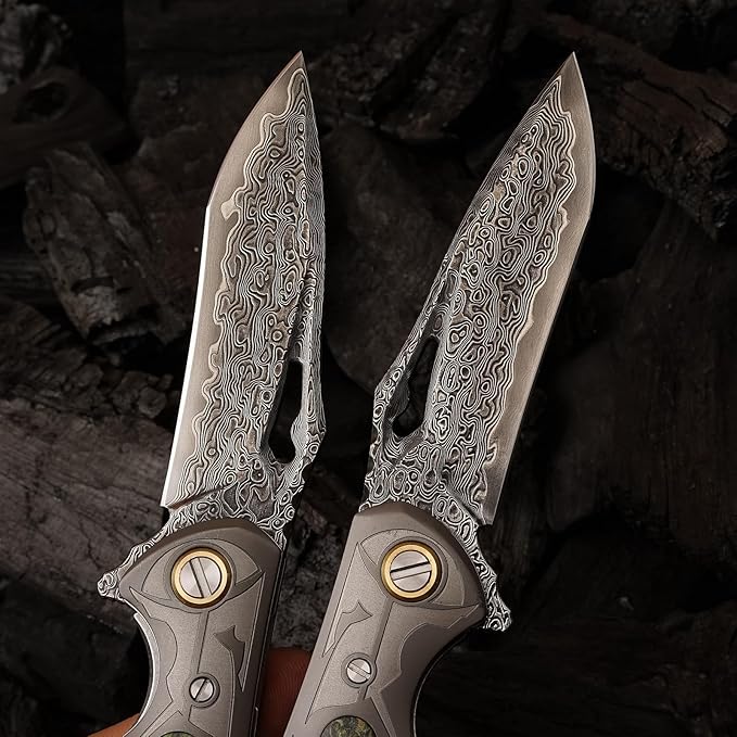 VG10 Damascus Steel Folding Knife, Stable Wood with Leather cover and pocket clip, Outdoor Survival Knife Portable EDC Camping, can be used as a gift