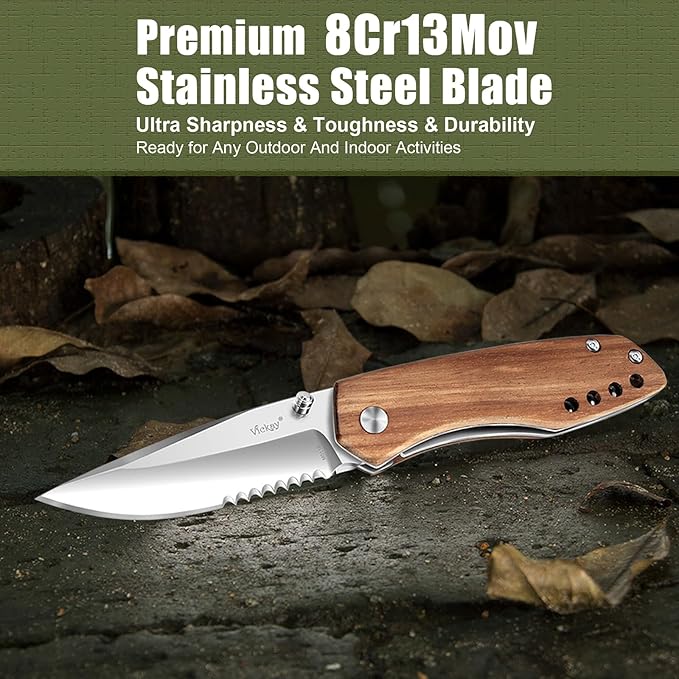 Vickay Folding Pocket Knife for Men & Women, 2.95" 8Cr13MoV Half-Serrated Steel Blade, Wood Hanlde EDC Knife with Clip, Liner Lock Knife for Camping, Hunting, Tactical, Survival and Father's Day Gift