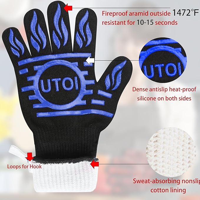 BBQ Gloves, 1472°F Heat Resistant Grilling Gloves, Silicone Non-Slip Long Cooking Gloves for Kitchen, Oven, Baking Campfire and Smoker, EN407 Certified, Blue, XL Size, 1 Pair