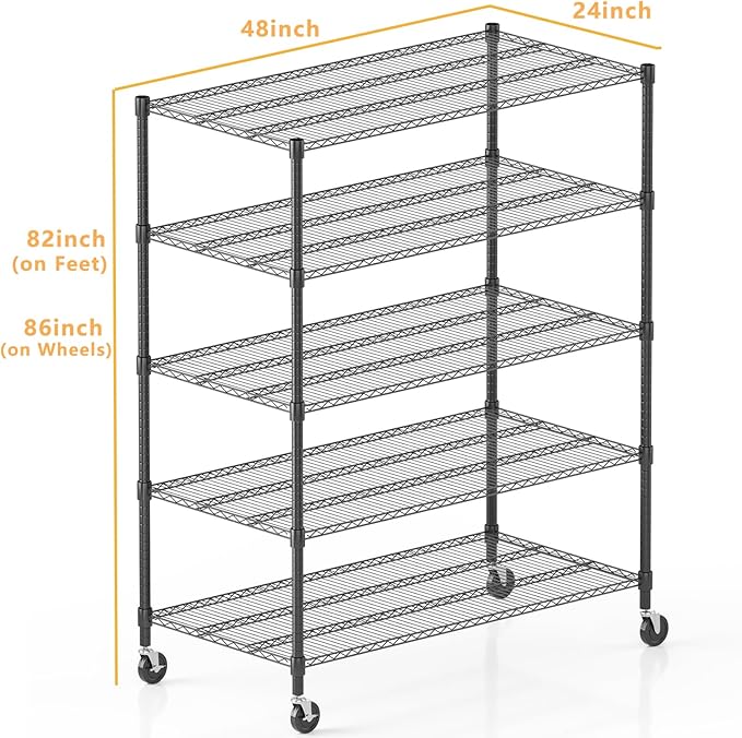 Himimi 5 Tier Wire Shelving with Wheels Heavy Duty Height Adjustable Metal Shelves for Storage, Commercial Grade Steel Utility Wire Rack for Kitchen Garage Pantry Organization-24×48×82, Black