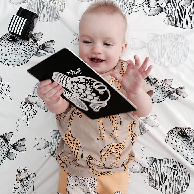 Wee Gallery Art Cards for Baby, Durable High Contrast Black and White Animal Flashcards for Newborns, Brain Development, Sensory Toys, Tummy Time Essentials for Infant and Toddler - Ocean Animals