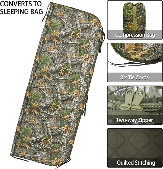 Military Poncho Liner with Zipper Camping Blanket Army Insulation Sleeping Bag Insulated Waterproof for Travel Outdoor Survival Hunting