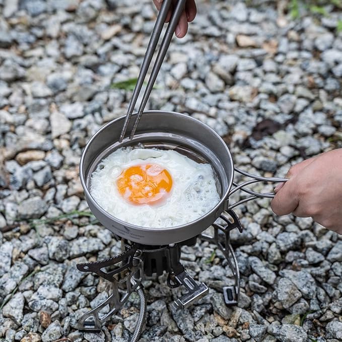 iBasingo Titanium Pot Pan Set with Folding Handle - Ultralight Portable Outdoor Cookware Mess Kit for Camping, Picnic, Travel & Backpacking (1080ml Soup Pot, 900ml Cup, 500ml Frying Pan)