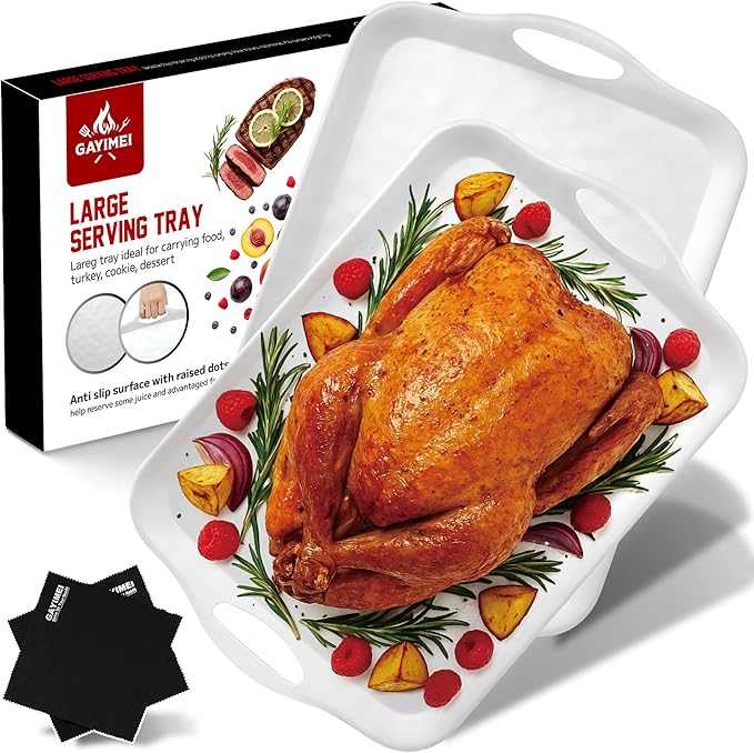 Extra Large 20" x 13" Serving Platters for Turkey, Cookie, Cupcakes, Gift Ready Melamine Serving Tray with Handles for Party Entertaining, Raised Dots & Matt Finish, Set of 2, White