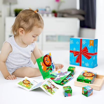 Wooden Animals Block Puzzles for Kids, Puzzles for Ages 2-4 with Book, Jigsaw Puzzles Preschool Learning Educational Toys Gift for Boys Girls, Wood Farm Cube Puzzles for Toddlers 2 3 4 5 6 Years Old