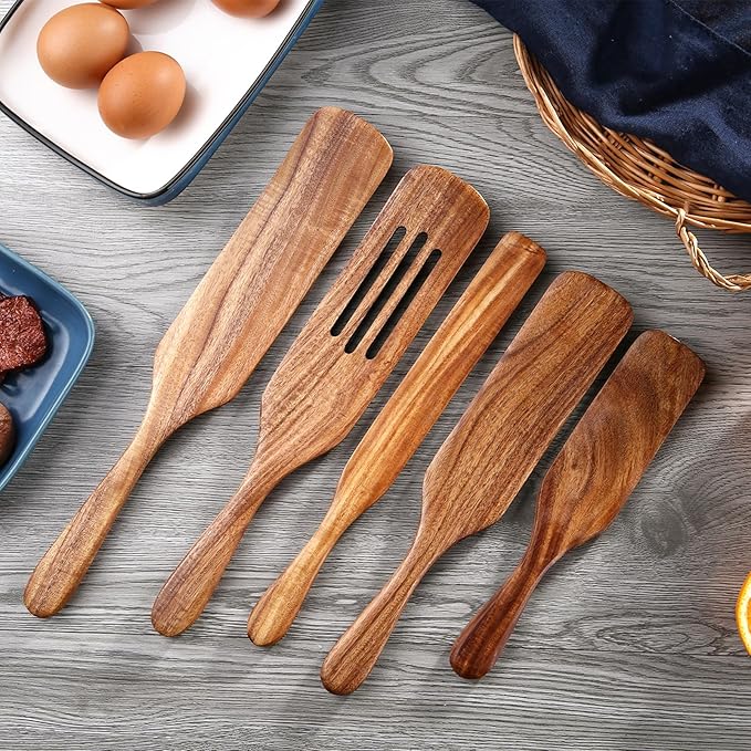 5Pcs Wooden Spurtle Set, Natural Acacia Wood Kitchen Utensils Set