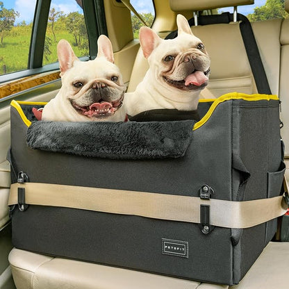 PETSFIT Dog Booster Car Seat, Dog Car Seats for Medium Sized Dogs or 2 Small Pets with 2 Safety Leashes and Patented Buckles, Carseat for Dogs with Storage Pockets for Pets Under 45Lbs (Black)