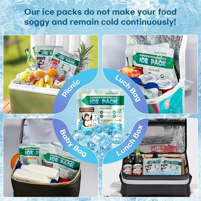 5 Packs Reusable Ice Packs for Lunch Boxes - 12+ Hour Cooling Ice Gel Pack for Camping, Beach, Office - Ice Packs for Cooler Bag, Cooler Backpacks