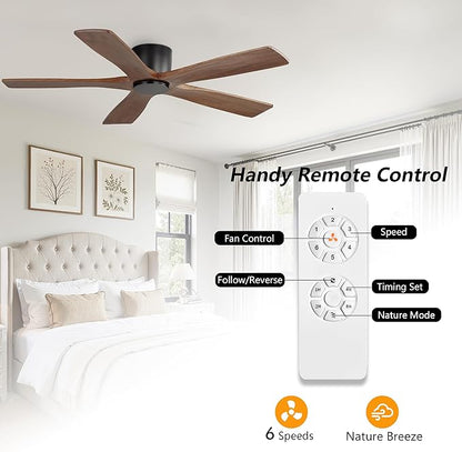 WINGBO 48" Flush Mount DC Ceiling Fans without Lights, 5 Carved Solid Wood