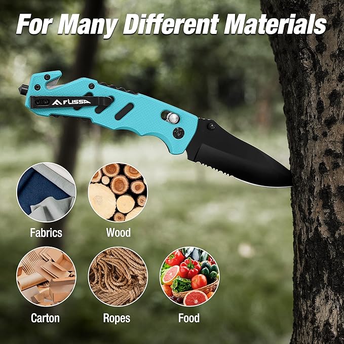 FLISSA Folding Pocket Knife with Clip, Glass Breaker and Seatbelt Cutter, Survival Knife for Emergency Rescue Situations, EDC Knife for Tactical, Hunting, Camping, Outdoor, Unique Gifts for Dad, Father-Blue