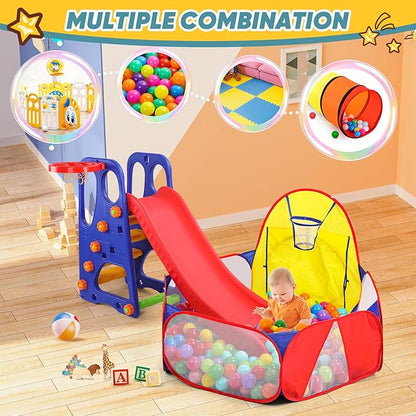 Eocolz Kids Ball Pit Large Pop Up Childrens Ball Pits Tent for Toddlers Playhouse Baby Crawl Playpen with Basketball Hoop and Zipper Storage Bag, 4 Ft/120CM, Balls Not Included (Blue Yellow Red)